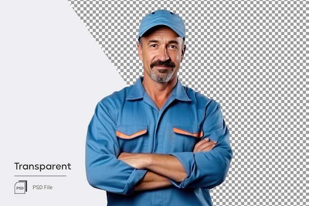 PSD trabajador hábil hombre técnico de trabajo con los brazos cruzados en ropa de trabajo azul y gorra png aislado