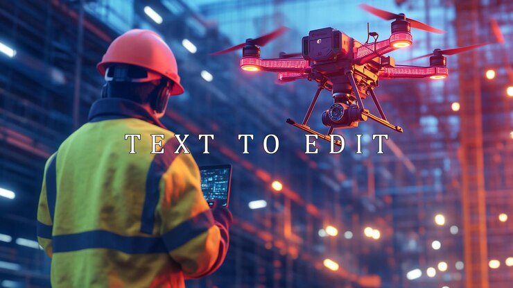 PSD trabajador industrial que utiliza drones para la inspección nocturna