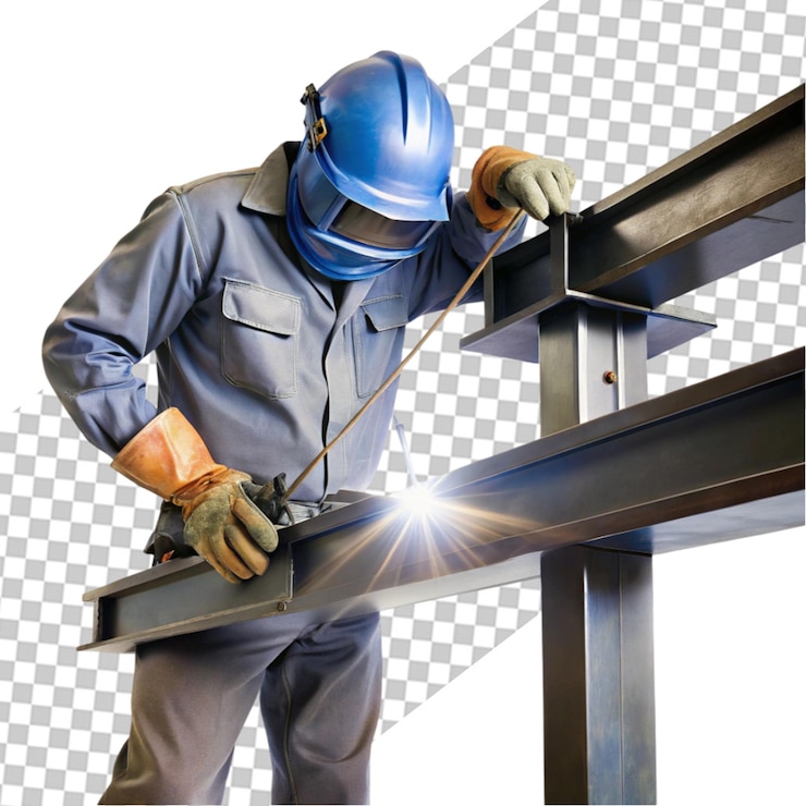 PSD trabajador industrial soldando sobre un fondo transparente