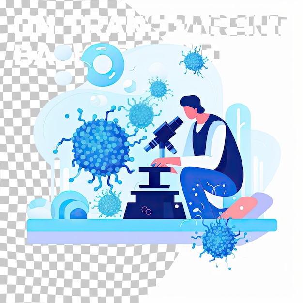 PSD trabajador de laboratorio que realiza investigaciones científico que utiliza el microscopio para estudiar microbios o virus ilustración de vector plano