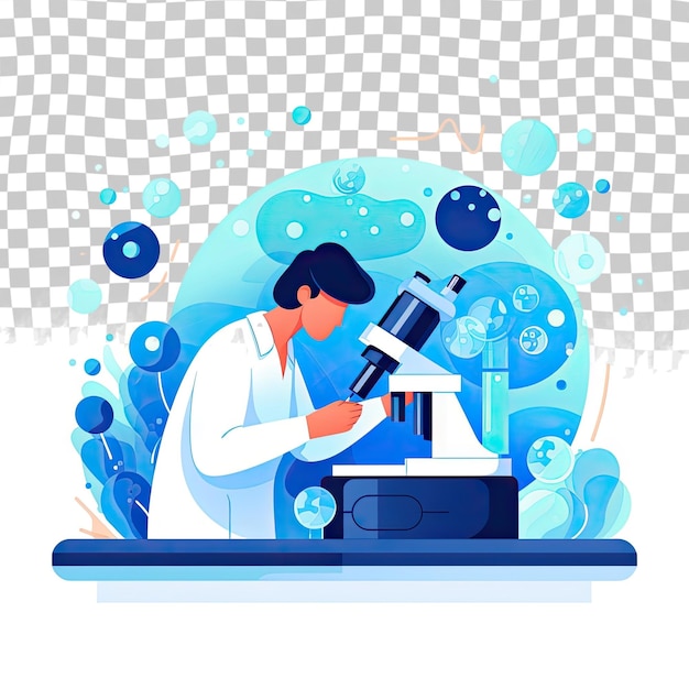 Trabajador de laboratorio que realiza investigaciones Científico que utiliza el microscopio para estudiar microbios o virus Ilustración de vector plano