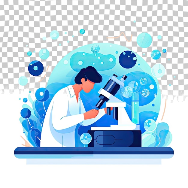 PSD trabajador de laboratorio que realiza investigaciones científico que utiliza el microscopio para estudiar microbios o virus ilustración de vector plano