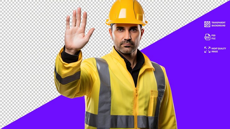 PSD trabajador latino con chaleco amarillo y casco de pie con la mano extendida mostrando la señal de alto psd