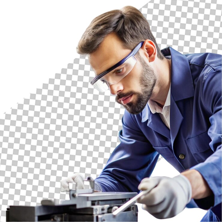 PSD trabajador manual masculino con casco azul con tableta digital en fondo transparente psd