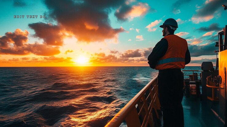 PSD trabajador marítimo en la cubierta del barco al atardecer mirando el océano