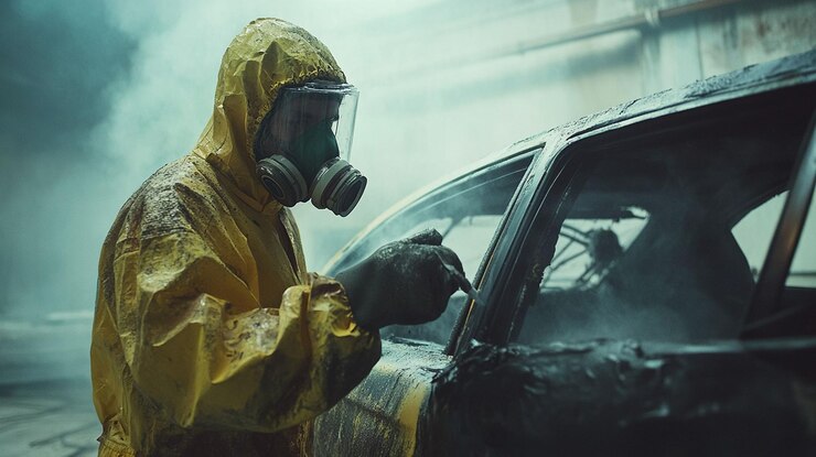 PSD trabajador de materiales peligrosos inspeccionando un automóvil dañado en medio del humo