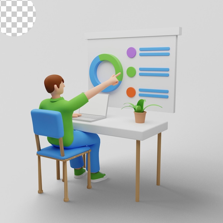 PSD trabajador de oficina de ilustración 3d sentado en un escritorio con visualización de estadísticas