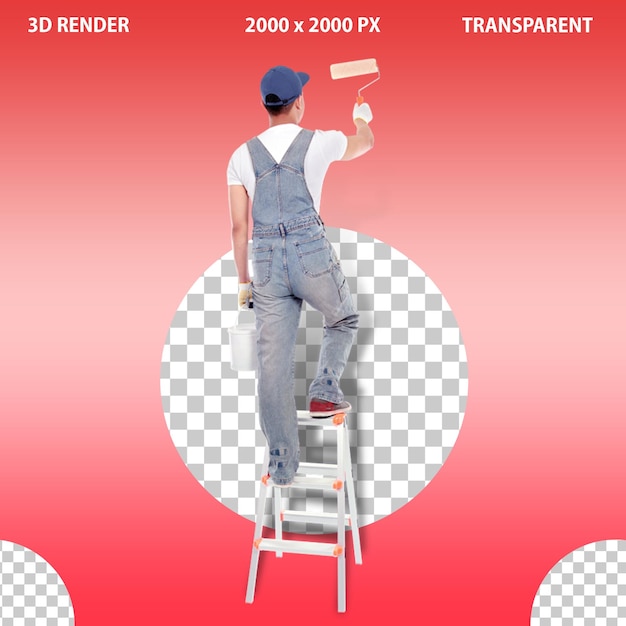 Trabajador de pintura que pinta la pared con un fondo aislado transparente