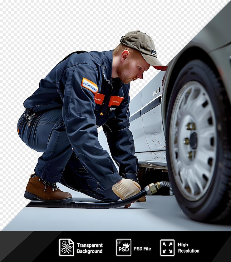 PSD trabajador de servicio de automóviles único bombeando la rueda del automóvil bajo un cielo azul claro con chaqueta azul y botas marrones con un neumático negro visible en primer plano png