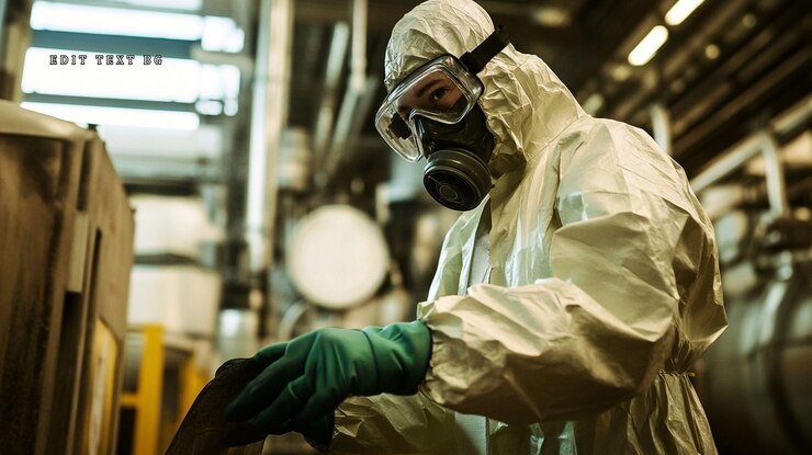 PSD trabajador con traje de protección contra sustancias peligrosas inspeccionando equipos industriales