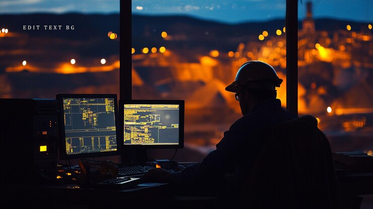 PSD trabajador de turno nocturno supervisando la operación minera desde la sala de control