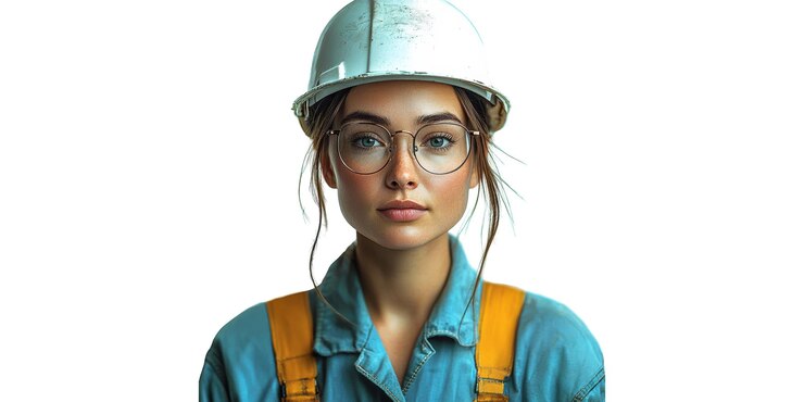 PSD trabajadora con casco y gafas aisladas sobre un fondo transparente