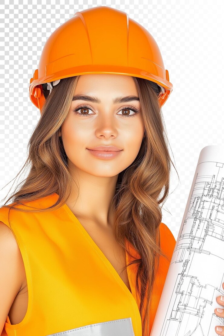 PSD una trabajadora de la construcción que lleva un casco naranja con una regla