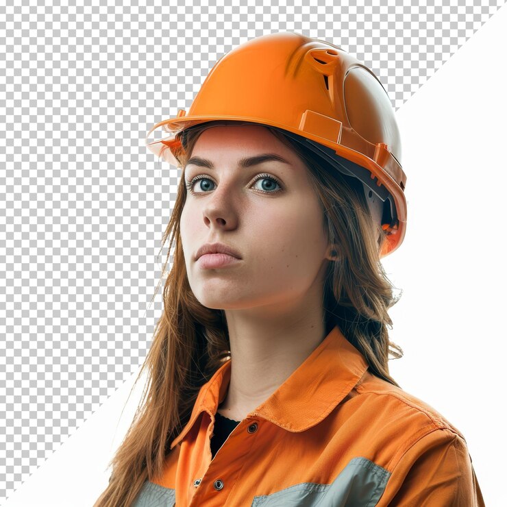 PSD trabajadora de la construcción segura en equipo de seguridad con sombrero amarillo y guantes posando con los brazos cruzados contra un fondo blanco