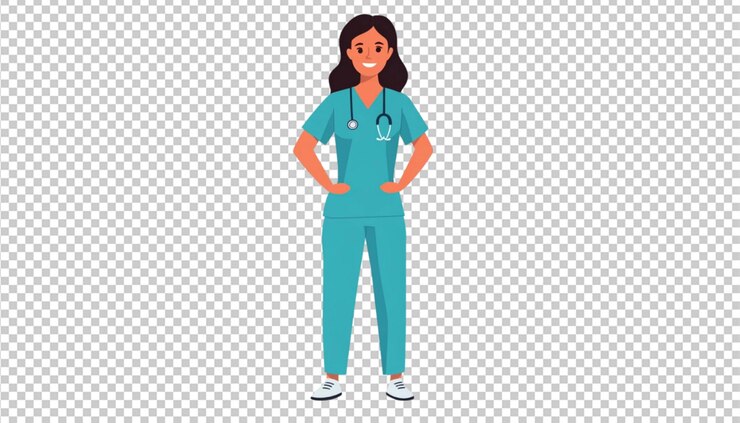 PSD una trabajadora médica en trajes de baño de pie con confianza con los brazos a sus lados sobre un fondo blanco