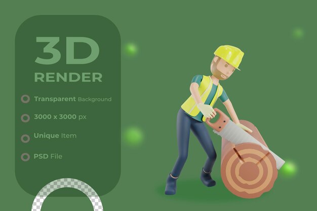 Trabajadores de la construcción aserrando madera ilustración 3d render