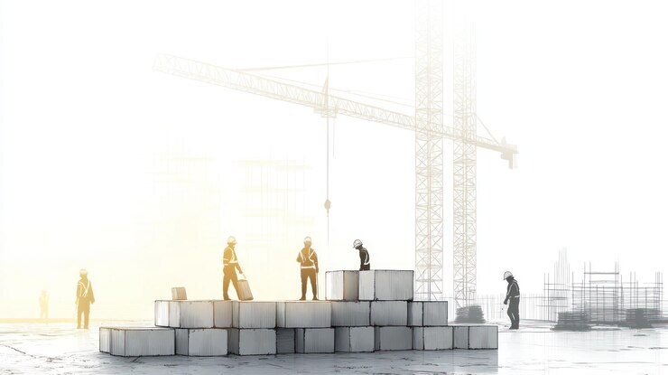 PSD trabajadores de la construcción que construyen con bloques de grúa de fondo