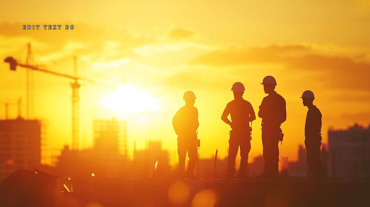 PSD trabajadores de la construcción en silueta al atardecer con vistas al horizonte de la ciudad con grúas
