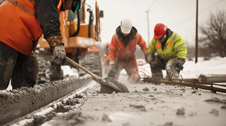 PSD trabajadores de la construcción suavizando el hormigón húmedo durante el frío invierno