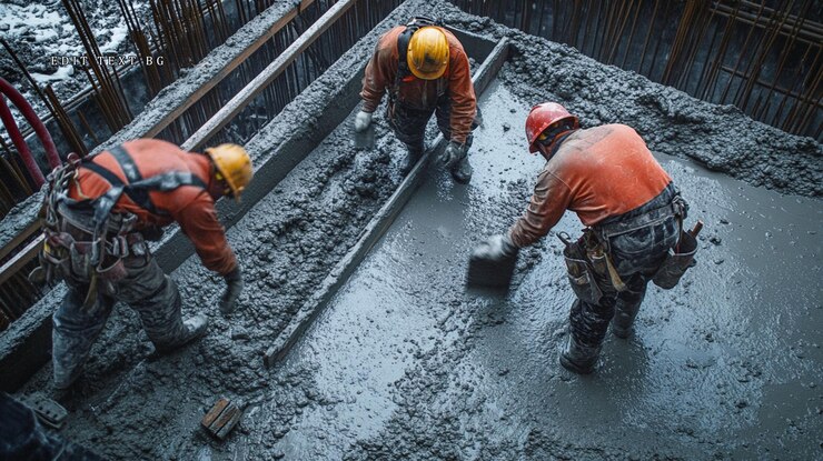 PSD trabajadores de la construcción suavizando el hormigón húmedo durante un proyecto de construcción