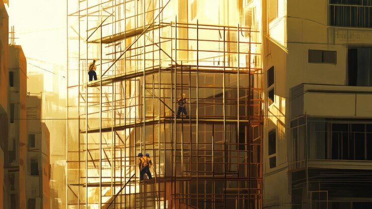 PSD trabajadores de la construcción urbana en andamios al atardecer