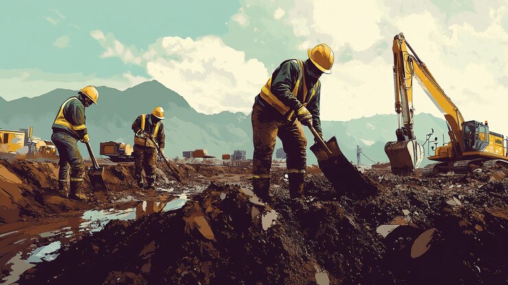 PSD trabajadores de la construcción usando palas y excavadora en un sitio fangoso