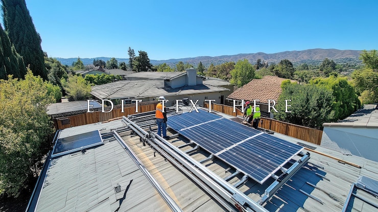 PSD trabajadores instalando paneles solares en un techo residencial con vista a la montaña en un día soleado