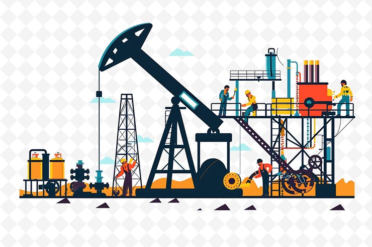 PSD trabajadores petroleros kuwaitíes perforando para obtener recursos diseño es industria ilustración vista del paisaje cultural