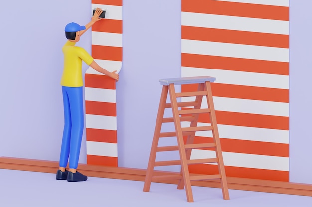 Trabalhador colando um papel de parede ilustração 3D