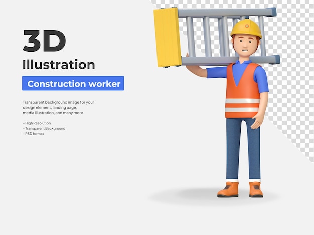 Trabalhador da construção carregando escada ilustração de personagem de desenho animado 3D