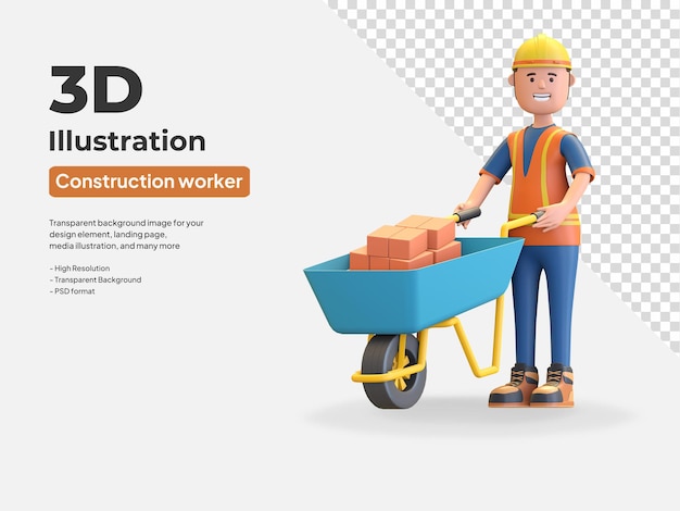 PSD trabalhador da construção civil usando capacete e colete empurrando carrinho de mão cheio de tijolos ilustração 3d render