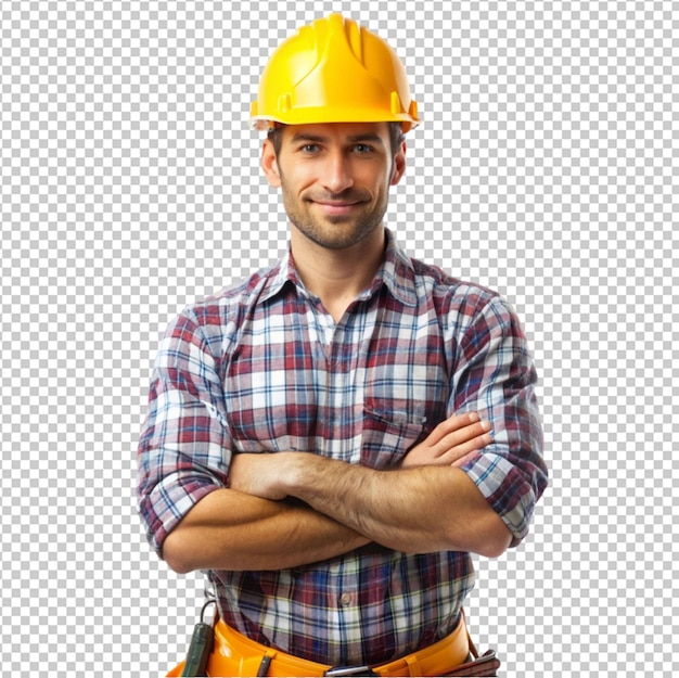 Trabalhador da construção com os braços cruzados.
