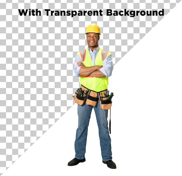 Trabalhador da construção com os braços dobrados de pé capacete amarelo PNG PSD Isolado Fundo transparente
