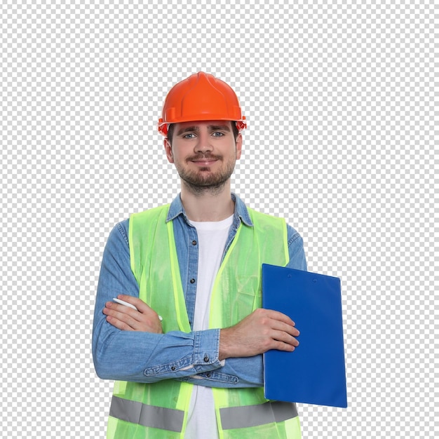 Trabalhador da construção em equipamento de segurança segurando um caderno