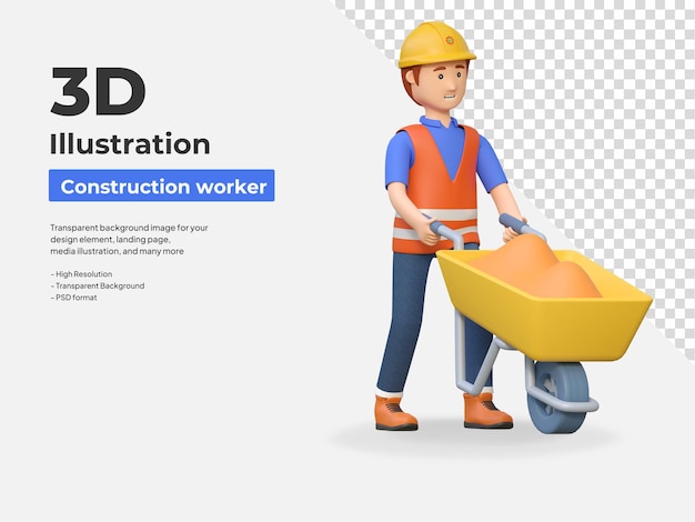 PSD trabalhador da construção empurrando carrinho de mão ilustração de personagens de desenhos animados 3d