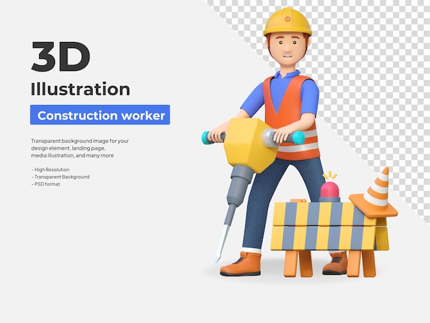 PSD trabalhador da construção segurando broca de martelo 3d ilustração de personagem de desenho animado