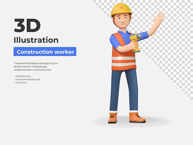 Trabalhador da construção segurando broca elétrica Ilustração de personagens de desenhos animados 3D