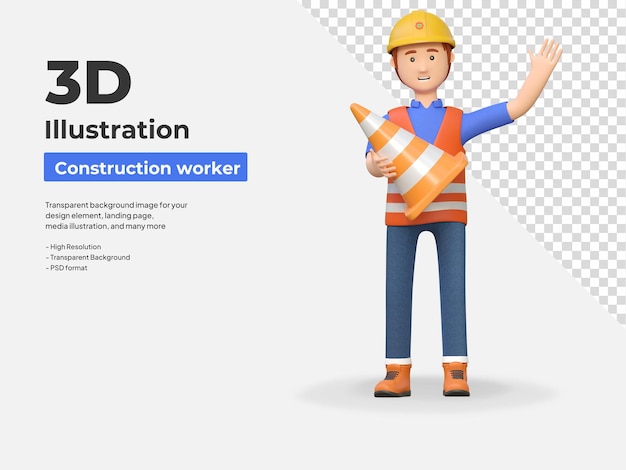 Trabalhador da construção segurando o cone da estrada ilustração de personagens de desenhos animados 3d