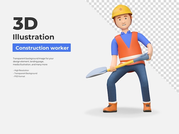 Trabalhador da construção segurando uma pá ilustração de personagem de desenho animado 3D