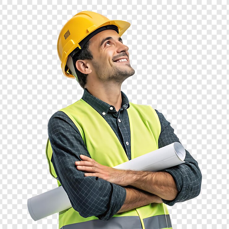 PSD trabalhador da construção sorridente olhando para cima com planos