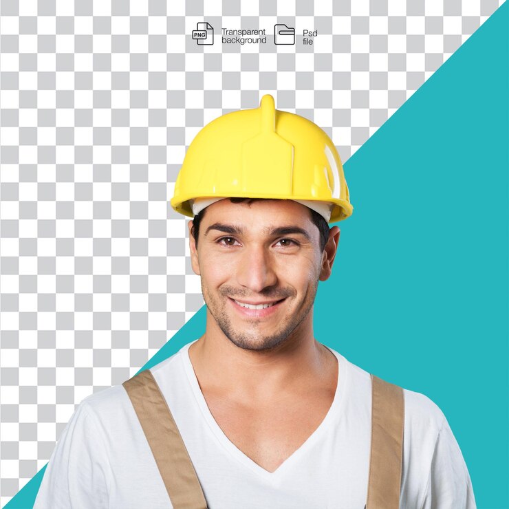 PSD trabalhador da construção sorrindo com chapéu amarelo