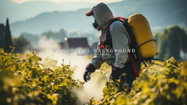 PSD trabalhador da vinha aplicando pesticida em equipamento de proteção