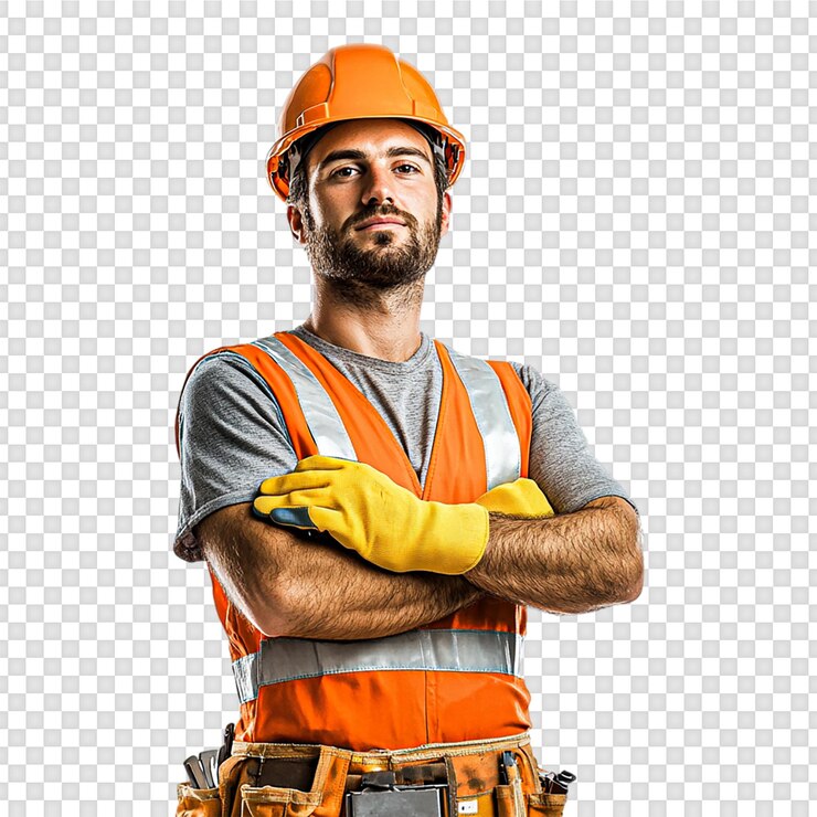 PSD trabalhador de construção engenheiro com colete e capacete em um fundo transparente