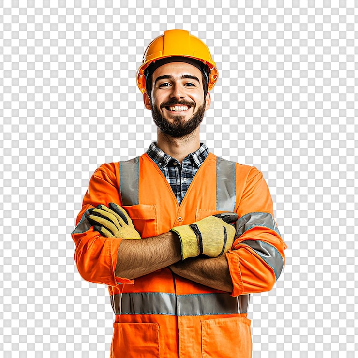 PSD trabalhador de construção engenheiro com colete e capacete em um fundo transparente
