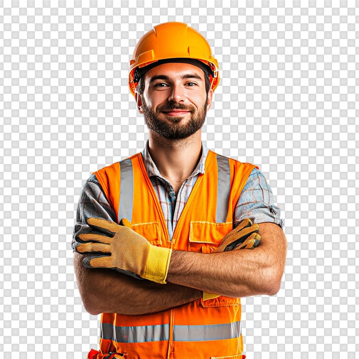 PSD trabalhador de construção engenheiro com colete e capacete em um fundo transparente