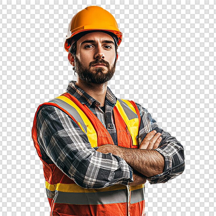 PSD trabalhador de construção engenheiro com colete e capacete em um fundo transparente
