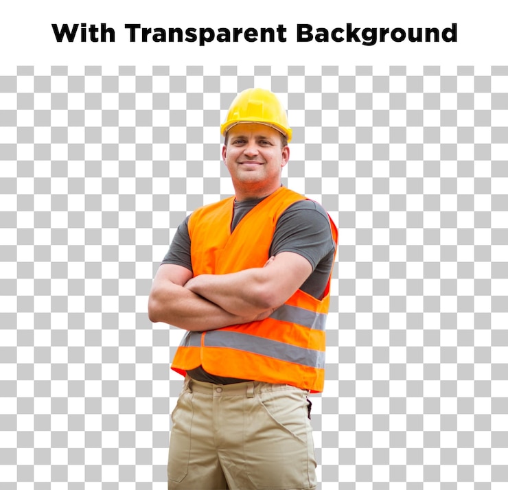 PSD trabalhador de construção feliz com equipamento de segurança