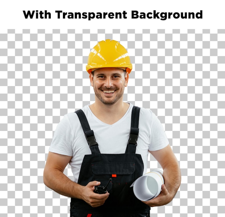 PSD trabalhador de construção feliz com plano e capacete