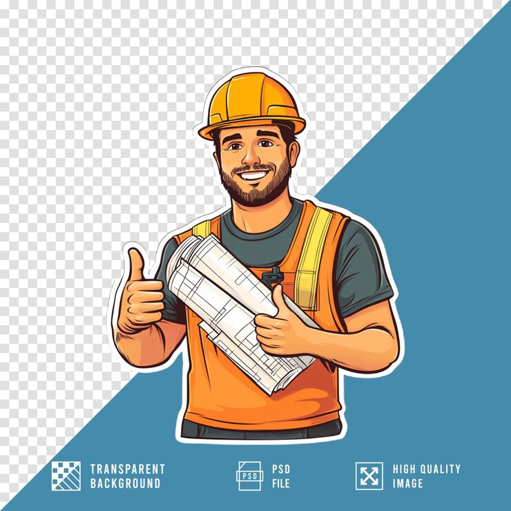 PSD trabalhador de construção masculino de desenho animado segura um plano e dá um polegar em um fundo transparente