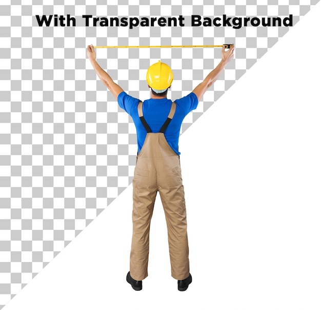 Trabalhador de construção medindo com fita ou medidor BackView PNG PSD Isolado Transparente fundo